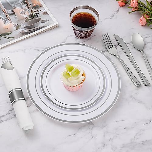 Goodluck 175 Piece Silver Plastic Dinnerware Set for 25 Guests, Fancy Disposable Plates for Party, Include: 25 Dinner Plates, 25 Dessert Plates, 25 Pre Rolled Napkins with Silver Silverware, 25 Cups