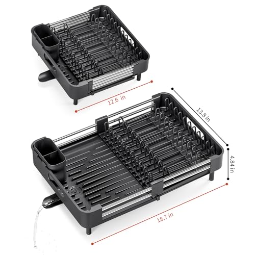 TOOLF Dish Drying Rack Expandable Drainer w/Cutlery & Cup Holder, Black