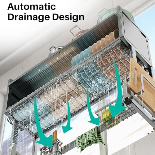 CUISIBOT Over the Sink Dish Drying Rack 3 Tier with Dustproof Flip-Up Cover
