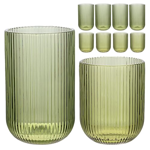 WeirdUncle Set of 8 Ribbed Glassware,4 Highball Glasses 14oz & 4 Rocks Drinking Glasses 9oz, Green, Origami Style, Fluted Design, for Milk, Water, Cocktail, Juice, Beer, ToothBrush Cup, Gift
