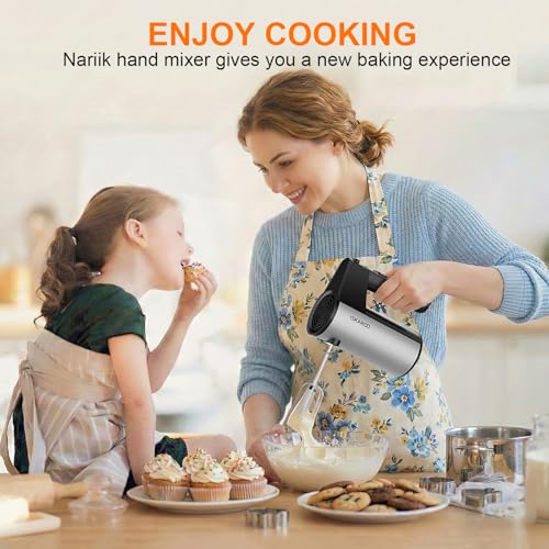 NARIIK Electric Hand Mixer, 660W Kitchen Handheld Mixer 5 Speed Self Control Whisk 304 Stainless Steel One Click Eject Dishwasher Safe Mixer for Cream Cookies Dough（Black）