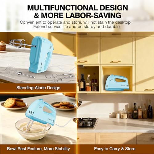 HaooAir Electric Handheld Mixer, 7-Speed Adjustable Kitchen Mixer, 5 Stainless Steel Accessories (2 * Dough Hooks, 2 * Beaters, 1 * Whisk), Perfect for Kitchen and Baking Food Mixers, Blue