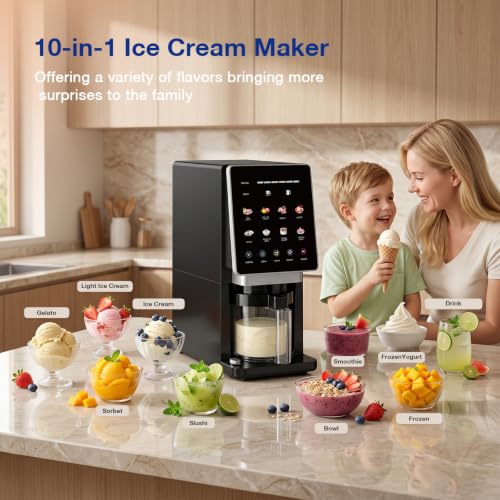 H-Duka 10-in-1 Ice Cream Maker Machine, 800W Frozen Treat Maker for Silky Gelato, Sorbet&Slushies, One-Touch Mix-In & Re-Spin for Creamy Texture, Keto & Vegan, Includes 3 Cups & Recipe Guide, Black