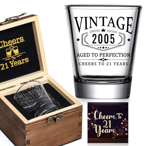21st Birthday Gifts for Him Her - Limited Edition Shot Glass with Wooden Box - Vintage 2005 Cheers To 21 Years, Finally 21 Party Decorations Supplies - Turning 21 Bday Present for Men Brother Friends