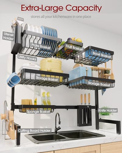 Sakugi Dish Drying Rack - Over The Sink Dish Drainer Drying Rack with Utensil & Knife Holder, Hooks, Stainless Steel Kitchen Organizers and Storage Solution, 11.8" D x 31.5"~39.0''W x 30" H, Black