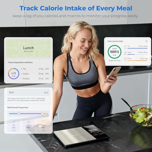 WARMKEY Smart Nutrition Food Scale with App - 1g Precision Digital Kitchen Scale, Tracks Calories & 24 Nutrients, Macros, Fat & Protein for Keto, Fitness & Meal Prep, 11lb/5kg with Tare Function