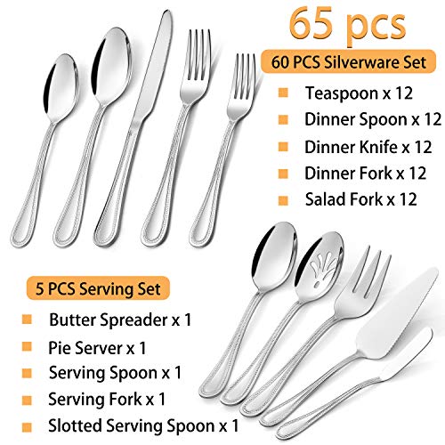HaWare 65-Piece Silverware Set with Serving Utensils, Stainless Steel Flatware Service for 12, Pearled Edge Tableware Cutlery for Home Restaurant Party, Mirror Polished, Dishwasher Safe