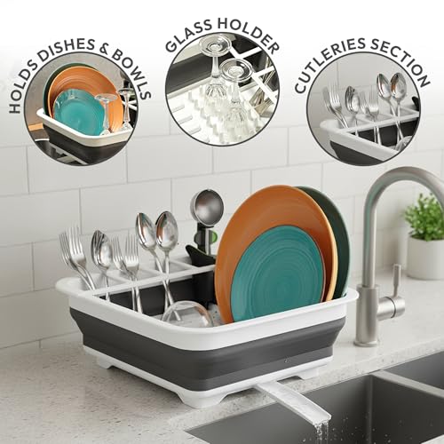 Masirs Pop-Up Collapsible Dish Drying Rack - Convenient Storage - Drains into Sink - Eight Large Plate Capacity - Sectional Cutlery and Utensil Compartment - Compact and Portable Design (12 x 20 Inch)