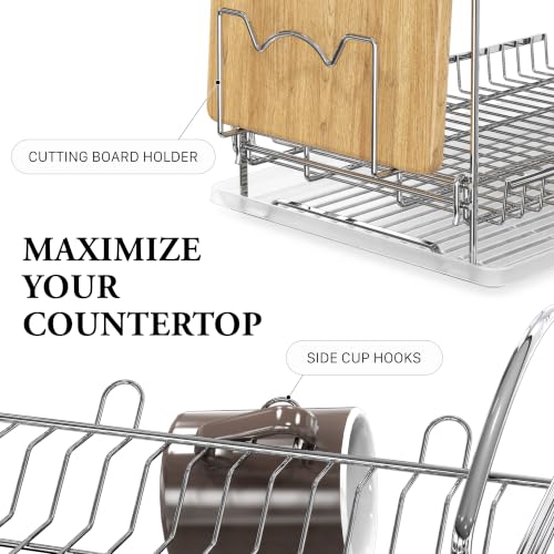 Simple Houseware 2-Tier Stainless Steel Dish Rack with Drainboard, Chrome for Kitchen