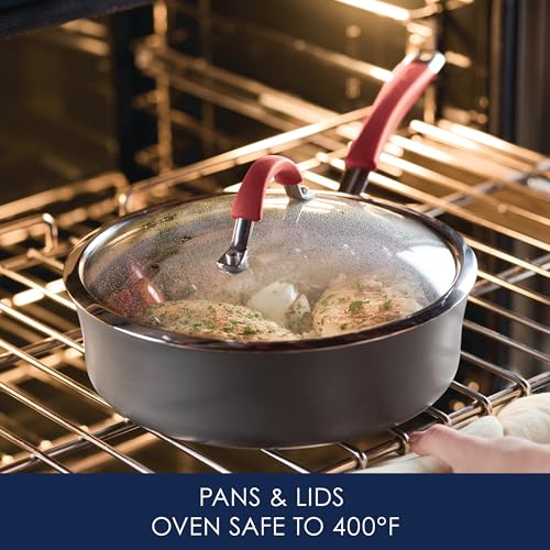 Rachael Ray Cucina Dishwasher-Safe Hard-Anodized Pots and Pans Set Non Stick Cookware, 12-Piece, Gray with Red Handles