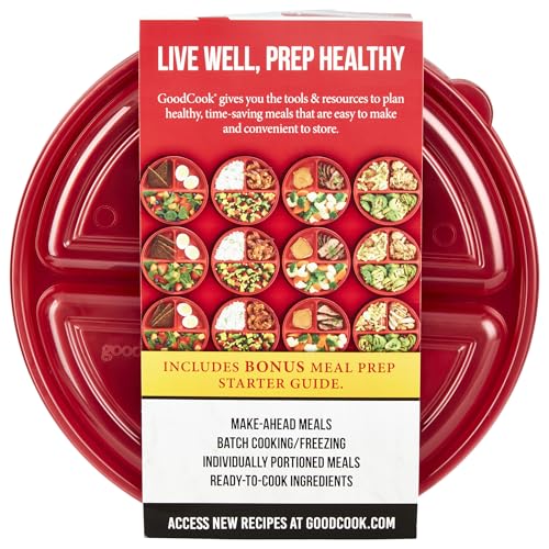 GoodCook Meal Prep Containers Set Microwave & Dishwasher-Safe Round Food Organizers with Labeled Compartments BPA-Free Food Storage Set with Snap Shut Lids Portion Control, 10-Pieces, Red