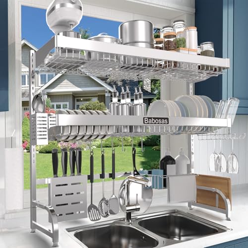 Babosas Over The Sink Dish Drying Rack,3 Tier Adjustable Length (25.5'' to 37.4'') Full Stainless Steel Large Storage Kitchen Dish Rack,For Kitchen Counter Expandable Multifunctional Organizers,Silver