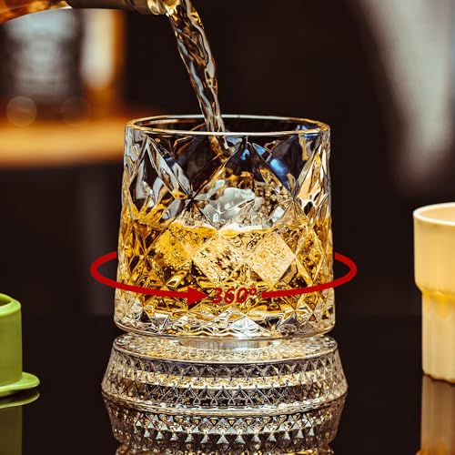 NORIMODA Spinning Whiskey Glasses Set of 4 With Iceball Molds, 9.5oz Lead-free Rotating Old Fashioned Rocks Glasses for Bourbon, Scotch, Liquor and Cocktails, Gifts for Whiskey-lovers