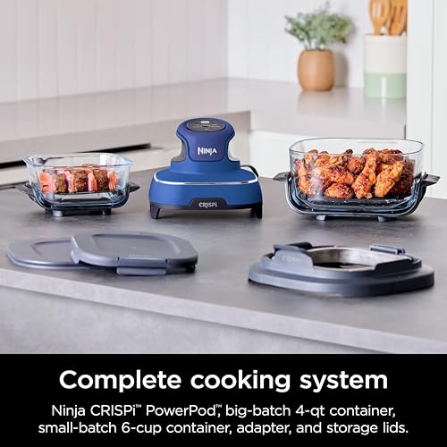 Ninja Crispi Air Fryer, Microwave, Freezer & Dishwasher Safe, Non Toxic Glass Portable Cooking System, 4 QT & 6 Cup Glass Containers with Storage Lids, Easy Meals, Air Fry, Bake, Blue (Renewed)