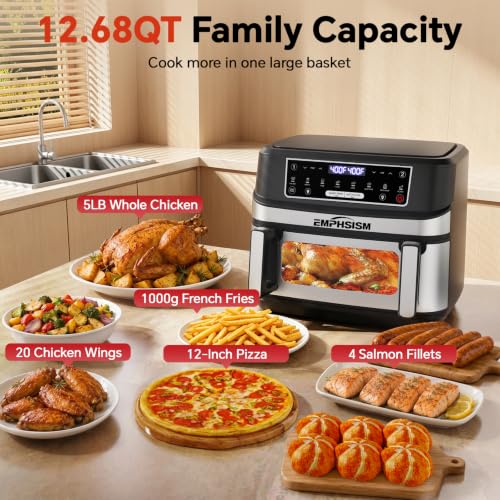 Emphsism 12QT Large Dual Zone Air Fryer with Divider, Match Cook & Smart Finish, Air Fry/Roast/Bake/Toast/Dehydrate/Reheat/Keep Warm/Preheat, Nonstick Dishwasher-Safe Basket, Digital Touchscreen