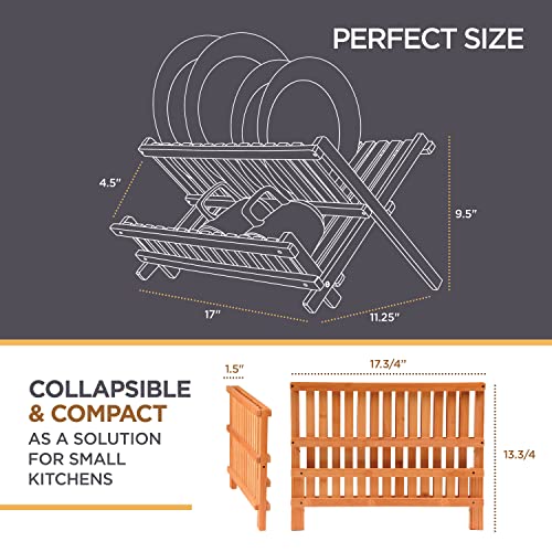 Collapsible Dish Drying Rack 2-Tier Bamboo Dish Drainer for Kitchen Counter