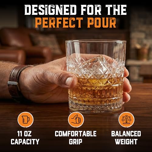Aged & Charred Lead-Free Crystal Whiskey Glasses With Heavy Base (Set of 4) - 11 Oz Rocks Barware for Old Fashioned, Bourbon, and Cocktail Drinks - Premium Whiskey Bourbon Gift for Men
