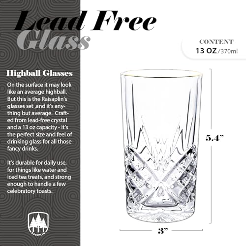 Raisaplin Highball Glasses Set of 6, 13 oz Lead-Free Crystal Drinking Water Glasses Tall Glass Cups Mixed Drink Cocktail Glass Set Tom Collins Bar Glassware for Juice Whiskey Mojito Beer Iced Coffee