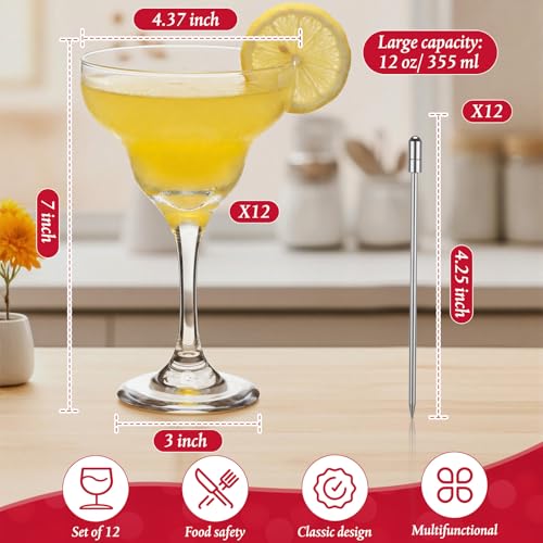 Maxdot Set of 12 12oz Margarita Glasses with Stainless Steel Cocktail Picks, Large Crystal Stemmed Cocktail Glasses Wide Rim Margarita Cups for Parties, BBQs, Frozen Drinks, Daiquiris & Pina Coladas