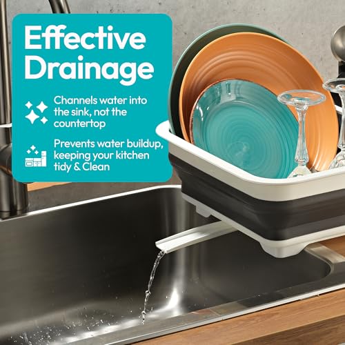 Masirs Pop-Up Collapsible Dish Drying Rack - Convenient Storage - Drains into Sink - Eight Large Plate Capacity - Sectional Cutlery and Utensil Compartment - Compact and Portable Design (12 x 20 Inch)