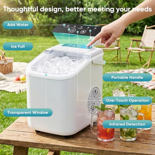 DUMOS Ice Maker Countertop, Ice Machine with Portable Handle, Basket and Scoop, 26lbs Daily, 9 Bullet Cubes in 6-8 Mins, Auto-Cleaning for Home, Kitchen, Office, Outdoors, RV Camping
