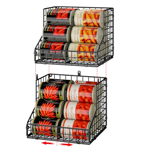 Stackable Can Organizer for Pantry with 2 Adjustable Dividers, Soda Can Organizer, Can Storage Dispenser Holds up to 28 Cans, 2 tier Metal Wire Baskets Can Holder for Kitchen Cabinet Pantry, Black