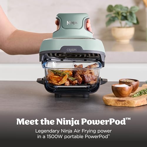 Ninja Crispi 4-in-1 Glass Air Fryer | With Non-Toxic 4QT & 6-Cup Glass Containers & Lids | Microwave, Freezer, Dishwasher Safe | 450°F Max Temp |1500 Watt | Green | FN101SG