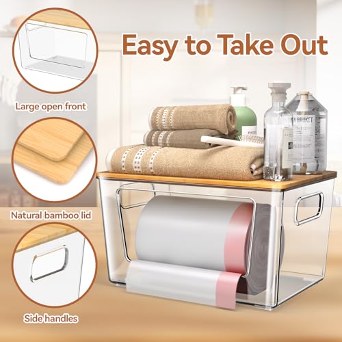spospo 2 Pack Trash Bag Holder with Bamboo Lid, Stackable Trashbag Dispenser, Extra Large Garbage Bag Holder for Kitchen Laundry Room Under Sink Organization and Storage