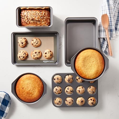 Amazon Basics 6 Piece Nonstick Carbon Steel Bakeware Set with Cake, Muffin, Cookie, and Loaf Pans, Easy Release, Oven Safe, 16.25 x 11.75 x 6.25 inches