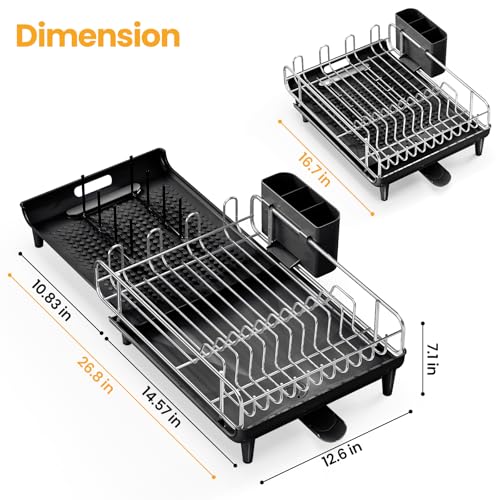TOOLF Expandable Dish Rack, Dish Drying Rack for Kitchen Counter, Foldable Dish Dryer Rack, Stainless Steel Dish Drainer Racks with Cutlery Holder, Collapsible Dish Drying Racks Large Size,Black