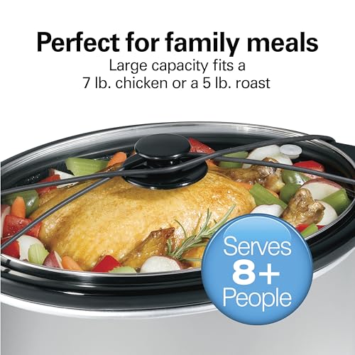 Hamilton Beach 7-Quart Portable Slow Cooker Serves 8+, Dishwasher Safe Crock, Lid Latch Strap for Travel, Brushed Silver