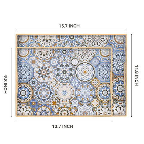 AGIOTA 2 Pcs Serving Tray with Handles Bohemian Decorative Tray Large Ottoman Trays for Living Room Blue Coffee Table Trays for Breakfast