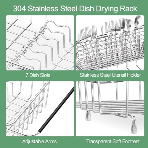 Fanbsy Large Dish Drainer Rack in Sink Adjustable, Expandable 304 Stainless Steel Metal Dish Drying Rack Organizer with Stainless Steel Utensil Holder Over Inside Sink Counter, Rustproof