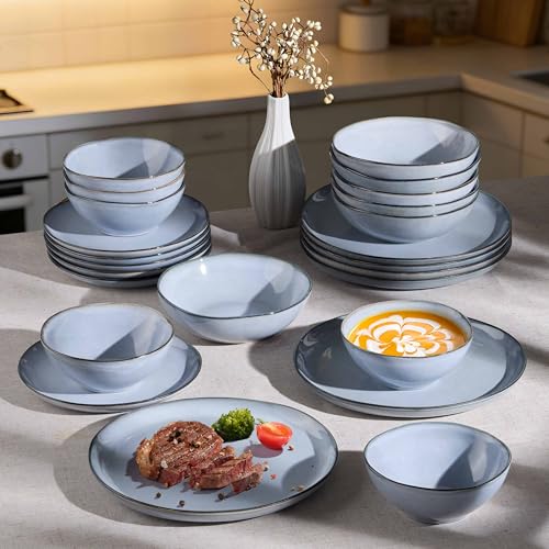 Herogo 24 Piece Dinnerware Dishes Sets for 8, Stoneware Plates and Bowls Dinner Set, Irregular Handmade Dishware Tableware for Home Kitchen, Microwave & Dishwasher Safe, Smoky Blue