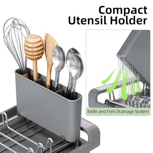 TOOLF Small Dish Drying Rack, Mini Expandable Compact Dish Rack, Slim Extendable Stainless Steel Dish Drainer for Kitchen Plate Storage, Space Saving Dish Strainer in Sink or on Home Countertop, Gray