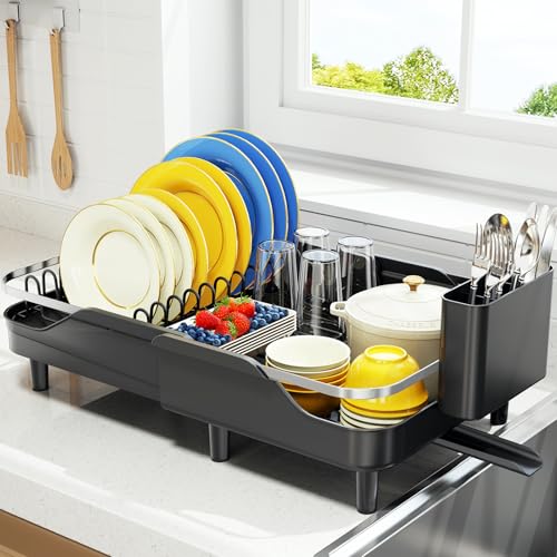Urackify Dish Drying Rack for Kitchen Counter, Expandable Stainless Steel Dish Racks with Adjustable Water Spout, Space Saving Dish Drainer with Cutlery Holder,16.14"-23.62" L x 12.99" x 8.78",Black