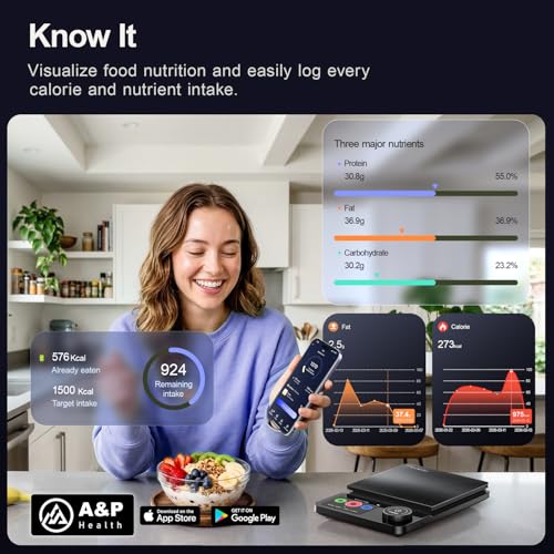 Amzmerit Smart Food Kitchen Scale with Nutritional Calculator, Timer, 0.1g High Precision Kitchen Scale, Free App with 27 Nutrients Tracking, Digital Grams and Ounces for Weight Loss,11lbs/5kg (Black)
