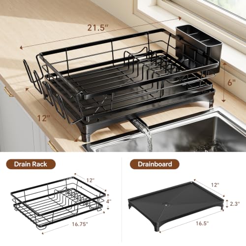 Simple Trending Dish Drying Rack for Kitchen Counter, Stainless Steel Dish Rack, Large Dish Drainer Organizer with Cutlery Holder & Cup Holders, Black