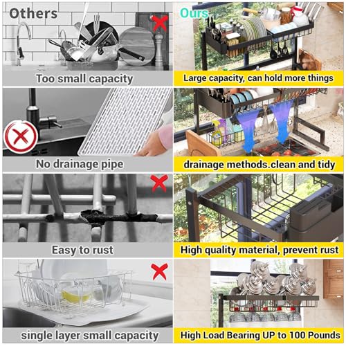 ilvvan Over Sink Dish Drying Rack (Expandable Height/Length) Snap-On Design Large Dish Drainer Storage Counter Organizer 24" - 35.5"(L) x 12"(W) x 19" - 22"(H)