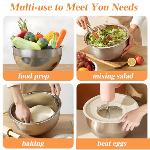 Winproper Mixing Bowls with Lids Set, 6 PCS Stainless Steel Mixing Bowls with 3 Grater Attachments, Kitchen Food Storage Organizers Nesting Mixing Bowl, Large Size 4.5, 3.5, 2.1, 1.5, 1.1, 0.7QT