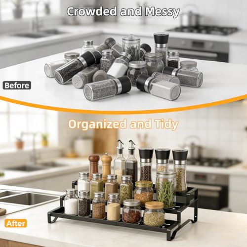 PEEKUP 3-Tier Spice Rack Organizer, 13"-21.5" Expandable Spice Organization Shelf, Metal Seasoning Organizer for Kitchen Countertop or Pantry, Slip-Resistant Design for Jars and Bottles, Black