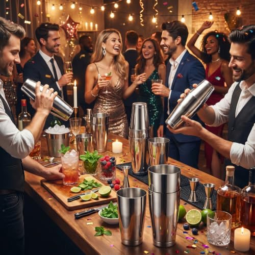 Dandat 16 Pcs Cocktail Shaker Boston Cocktail Shaker Set, Stainless Steel Martini Drink Shakers Bartending, 18 Oz & 28 Oz Bar Professional Shake Mixer Tin Tools for Bartender Cocktails (Silver)