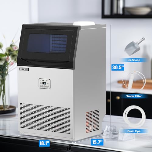 ROVSUN 110LBS/24H Commercial Ice Maker Machine with 50lbs Storage Bin, Freestanding/Countertop Ice Machine with 2 Water Inlets, Ice Scoop & Water Filter for Home Office Restaurant Bar Cafe Use