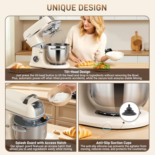 ZACME 7 Quart Stand Mixer Aluminum Die Casting, 650W 12 Speed Tilt-Head Kitchen Electric Stand Mixer, Household Food Mixer with Stainless Steel Bowl, Dough Hook, Whisk and Beater (Cream)
