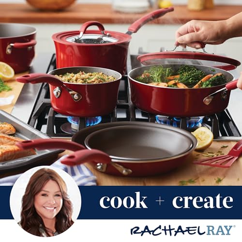 Rachael Ray Cook + Create Aluminum Nonstick Cookware Set, 10-Piece, Red