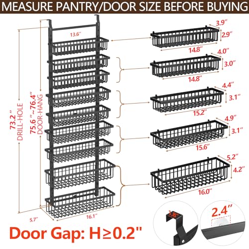 POKIPO 9 Tier Over The Door Pantry Organizer, 2 in 1 Wall Mount or Hanging Spice Rack with Adjustable Deep Basket, Heavy-Duty Seasoning Organizer and Storage for Kitchen Cabinet Closet Bathroom