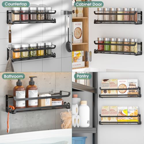 LUCYCAZ 2 Pack Wall Mounted Spice Rack with 8 Hooks, Spice Organizer Shelf for Stove Cabinet Pantry Door,Screw or Adhesive Spice Shelf Hanging Wall Spice Rack in Kitchen and RV (Black, 2 PACK)