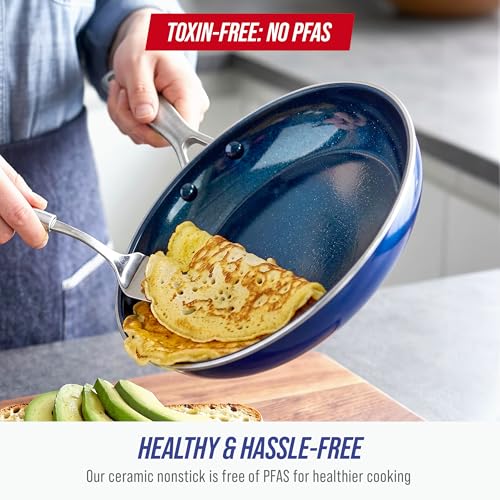 Blue Diamond 2 Piece Nonstick Frying Pan Set, 9.5” & 11" Skillets, PFAS-Free Ceramic, Dishwasher & Oven Safe, Stainless Steel Handle, Durable Metal Utensil Safe, Egg & Omelet Pans, Blue