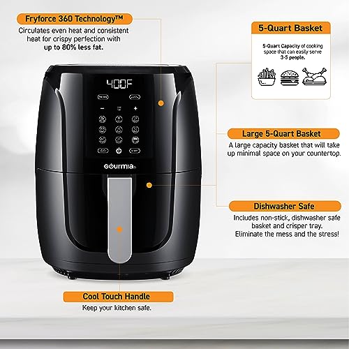 Gourmia Air Fryer Oven Digital Display 5 Quart Large AirFryer Cooker 12 1-Touch Cooking Presets, XL Air Fryer Basket 1500w Power Multifunction Black and Stainless Steel Accents FRY FORCE GAF536