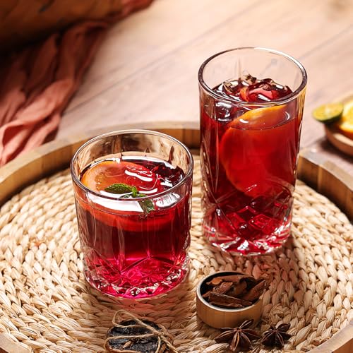 Moretoes Crystal Whisky Drinking Glasses Set of 12, Glass Cups, Mixed Glassware Set, 12 Oz Highball Glasses & 11 Oz Old Fashioned Glasses, Great for Cocktail and Other Beverages